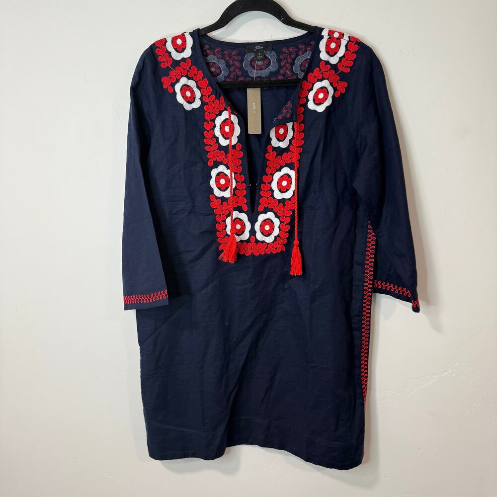 J. Crew Embroidered Beach Tunic Dress NEW‎ Navy Red White Small Linen Cotton